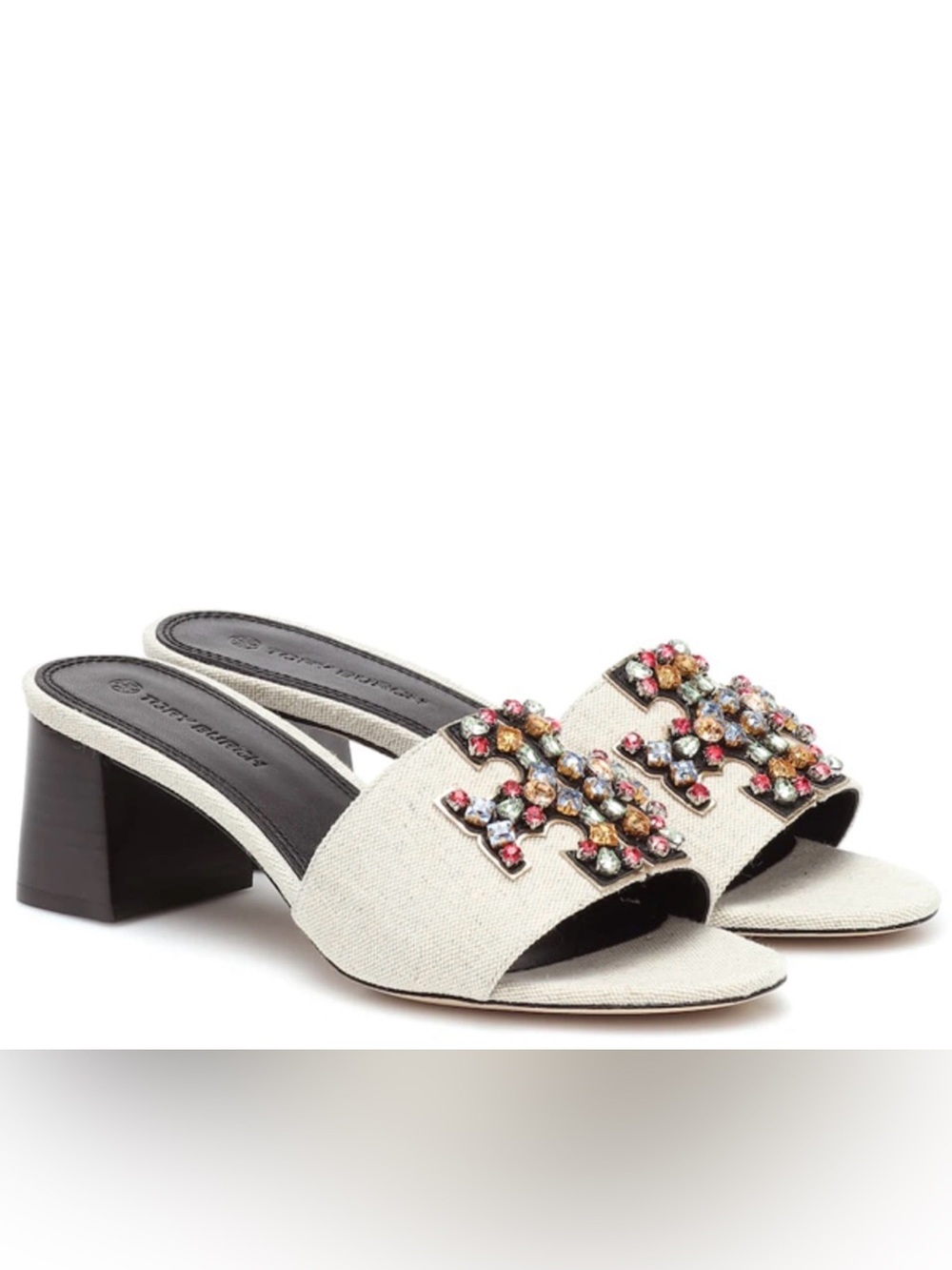 TORY BURCH INES EMBELLISHED LINEN & LEATHER MULES size 8